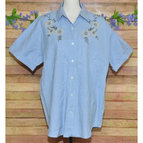 Maggie & Max Women's Blue Gingham Floral Embroidered Button Front Top 2X Granny - Picture 1 of 9